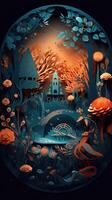 art work by papercraft in the style of dreamy atmospheres, dark cyan and orange, intricate illustrations, joyful celebration of nature, soft and dreamy atmosphere. photo