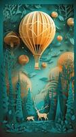 a paper art with hot air balloon flying with trees and deer in the sky, in the style of dark turquoise and light orange, wallpaper, multilayered dimensions, luxurious wall hangings. photo