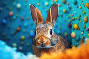 Easter Bunny and Colorful Easter Eggs Background. Digital Painting. photo