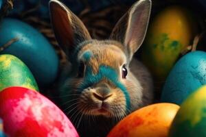 Easter Bunny and Colorful Easter Eggs Background. Digital Painting. photo