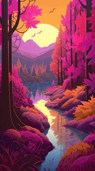 papel cortar obra de arte para un paisaje con montañas y el sol, en el estilo de amarillo y Violeta, realista aún estilizado, esférico esculturas, calentar color paletas generativo ai foto