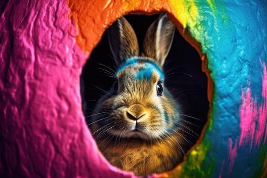 Easter Bunny and Colorful Easter Eggs Background. Digital Painting. photo