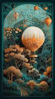 a paper art with hot air balloon flying with trees and deer in the sky, in the style of dark turquoise and light orange, wallpaper, multilayered dimensions, luxurious wall hangings. photo