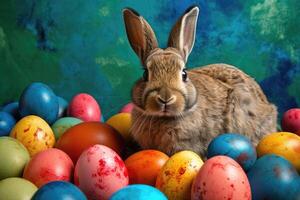 Easter Bunny and Colorful Easter Eggs Background. Digital Painting. photo