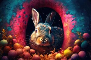 Easter Bunny and Colorful Easter Eggs Background. Digital Painting. photo