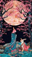 Serene Girl and Rabbit, Full Moon, Cherry Blossom Tree, Japanese Inspired Illustration. photo