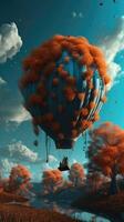 Enigmatic Hot Air Balloon in Autumn Forest, Fantasy Art in the style of dark turquoise and light orange, elaborate spacecrafts, filip hodas, wallpaper, paper sculptures. photo