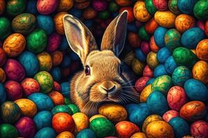 Easter Bunny and Colorful Easter Eggs Background. Digital Painting. photo