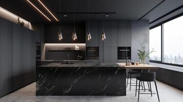 Interior of modern kitchen with black and wooden walls, concrete floor, wooden countertops and bar with stools. photo