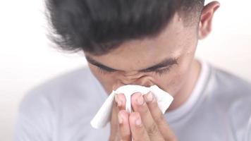 Sick man got flu allergy sneezing and blowing nose video