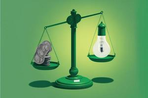 Scales with light bulb on one side and money on the other, concept of ideas and innovation, background. Digital illustration. AI photo