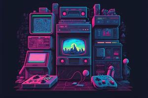 Old video game console with landscape in the background, 16 bit pixel art. Digital illustration. AI photo