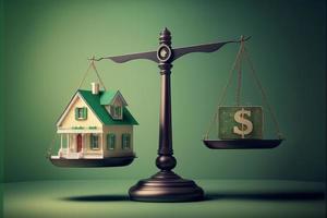 Scales with house on one side and money on the other, background. Digital illustration. AI photo