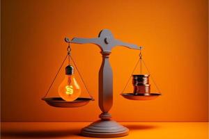 Scales with light bulb on one side and money on the other, concept of ideas and innovation, background. Digital illustration. AI photo