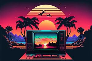 Old video game console with landscape in the background, 16 bit pixel art. Digital illustration. AI photo