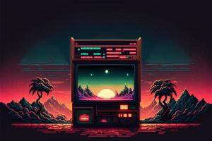 Old video game console with landscape in the background, 16 bit pixel art. Digital illustration. AI photo