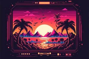 Old video game console with landscape in the background, 16 bit pixel art. Digital illustration. AI photo