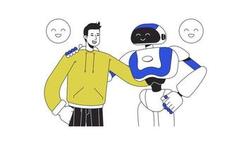 Human hugging AI animation. Animated half body man with robot 2D cartoon flat colour line characters. Positive impact 4K video concept footage on white with alpha channel transparency for web design