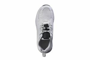 White sneaker with black accents isolated. Sports shoes on a white background. photo