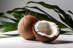 coconut tree fruit with leaves on white background photo