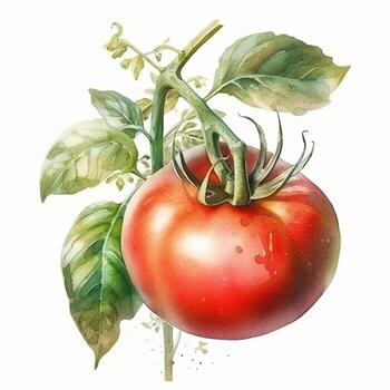 tomato with leaves close up watercolor illustration on white background , photo