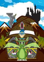 Cute Cartoon Magical Wizard and Fierce Green Dragon Illustration vector