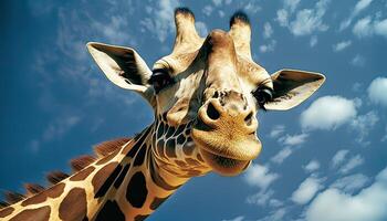 Portrait of a giraffe against a clear blue sky. Side view. . photo