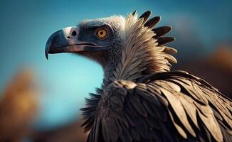 Portrait of the Vulture against the background of the morning sun. Side view. . photo