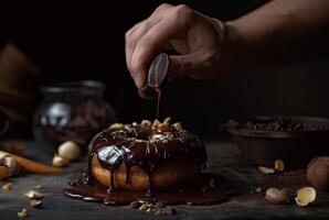 panadero en el cocina con un cocido chocolate rosquilla en un oscuro antecedentes. generativo ai. foto