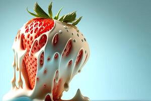 Strawberrie in milk cream. Side view. . photo