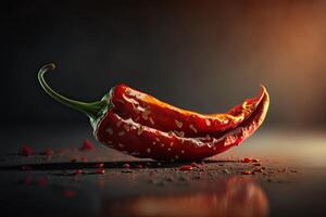 Pod of red chili pepper with green stalk, a spicy seasoning for oriental dishes on a dark background. Generative AI. photo