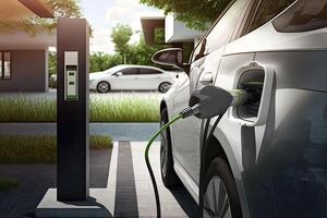 Electric car charging battery at EV charger station. Green energy power. . photo