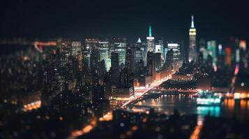 desenfocado luces en ciudad. el bokeh ligero desde edificio y noche ciudad. paisaje urbano generativo ai. foto