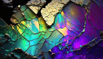 Cracked iridescent and opalescent surface texture. Polished spectrum colour, shiny textured marble stone. Natural volcanic mineral pearlescent crystal rock pattern. . photo