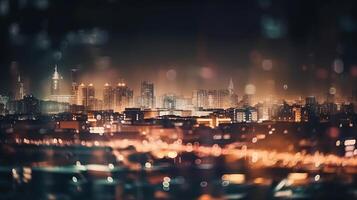 desenfocado luces en ciudad. el bokeh ligero desde edificio y noche ciudad. paisaje urbano generativo ai. foto