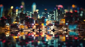 desenfocado luces en ciudad. el bokeh ligero desde edificio y noche ciudad. paisaje urbano generativo ai. foto