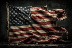 Old Tattered wind national flag of USA. Ragged. . photo