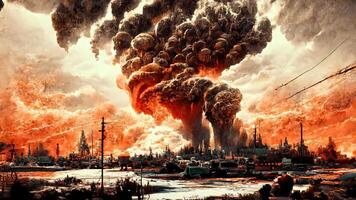 Doomsday. End of the World. The ruined city after the apocalypse. The post-nuclear war world in flames. . photo