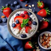 Curd cheese with fresh strawberries, blueberries, nuts and yogurt in a bowl. Healthy dairy food. Top view. . photo