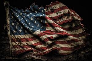 Old Tattered wind national flag of USA. Ragged. . photo