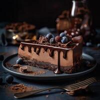 Piece of Chocolate cheesecake with fresh blueberries and chocolate. photo