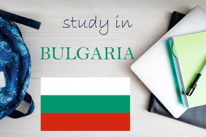 Study in Bulgaria. Background with notepad, laptop and backpack. Education concept. photo