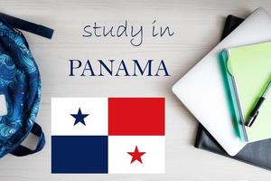 Study in Panama. Background with notepad, laptop and backpack. Education concept. photo