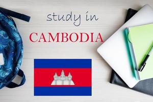 Study in Cambodia. Background with notepad, laptop and backpack. Education concept. photo