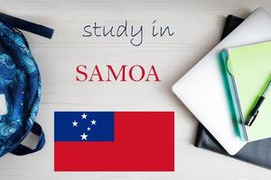 Study in Samoa. Background with notepad, laptop and backpack. Education concept. photo