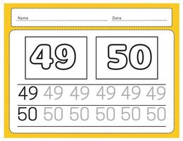 Number 49, 50 tracing practice worksheet with for kids learning to count and to write. Worksheet for learning numbers. Training write and count numbers. Coloring exercises vector