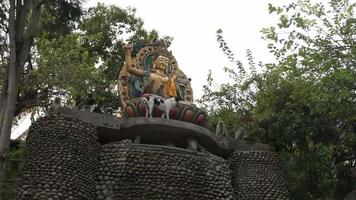 cachorro e macaco em uma Buda estátua perto a Swayambhunath stupa às Katmandu dentro Nepal. macaco têmpora. video