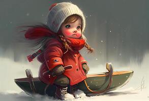 un calurosamente vestido niña trineo abajo un colina en invierno. ai generado foto