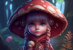 little cute girl in a mushroom hat in the forest. photo