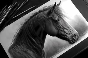 realista lápiz dibujo de un caballo en papel. ai generado foto